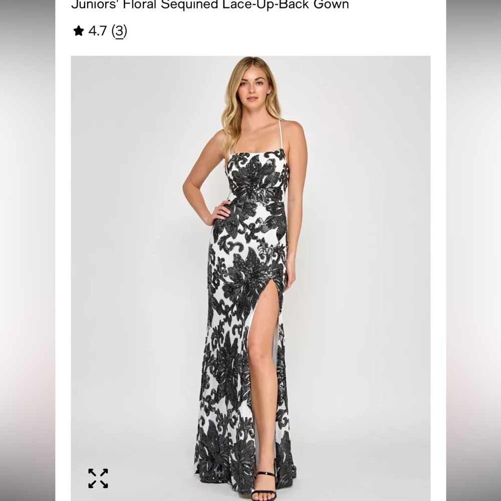 NWT $149 Midnight Doll Black Sequin Floral Gown, Thigh Slit & Lace Up Back  Sz 1
